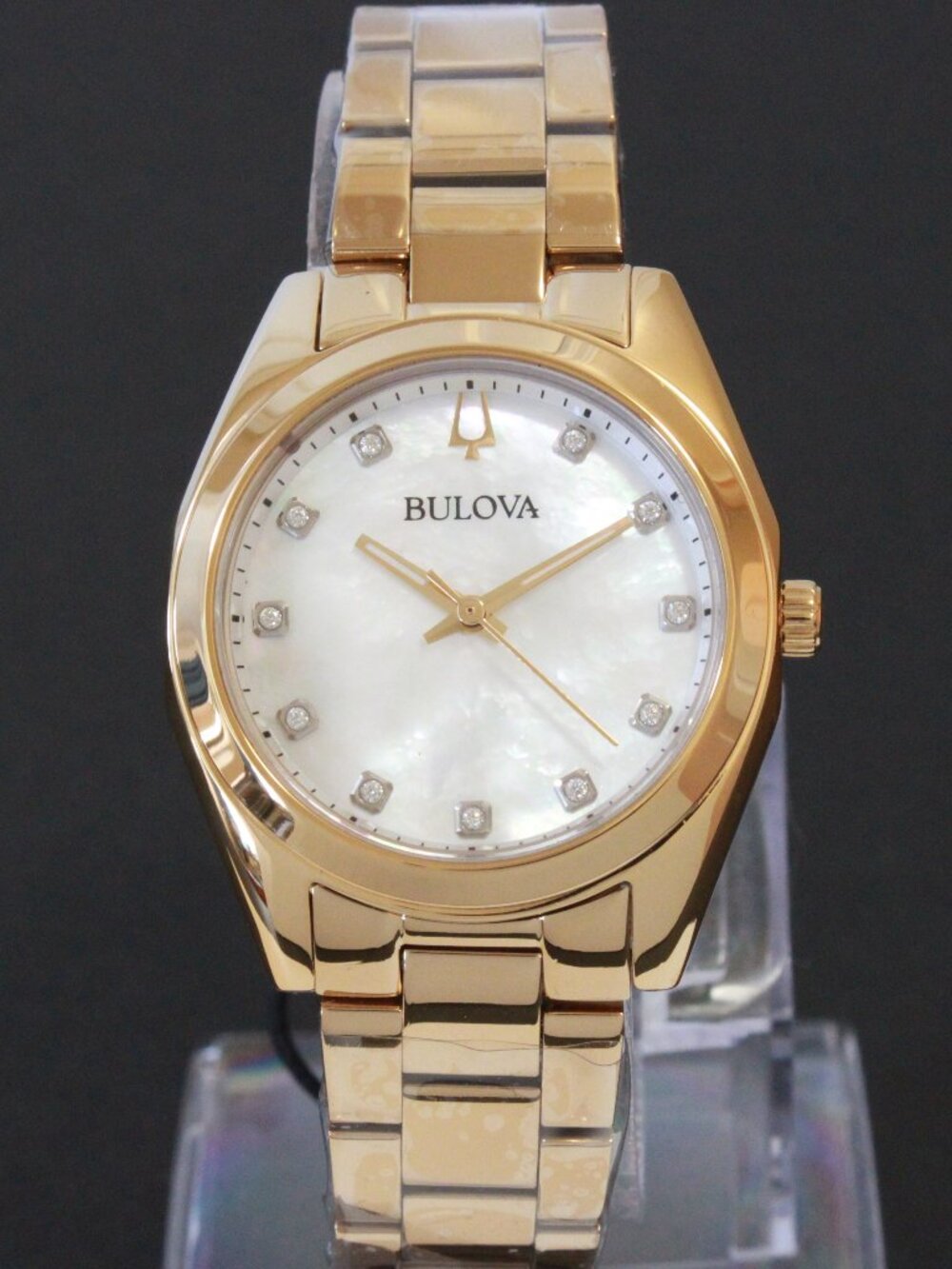 Bulova Ladies Surveyor Quartz Watch Diamond Indices MOP Dial Gold Tone 31mm - Picture 3 of 12